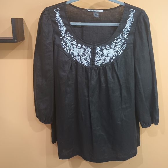 For The Republic Black and White Long Sleeve Embroidered 100% Linen Top Size 12 - Picture 12 of 16